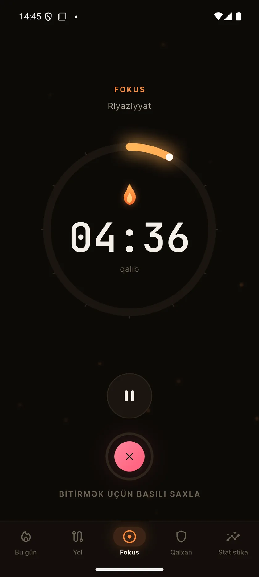 Fokus IO-nun aktiv seans ekranı: 04:36 qalıb, alov və dolan halqa.