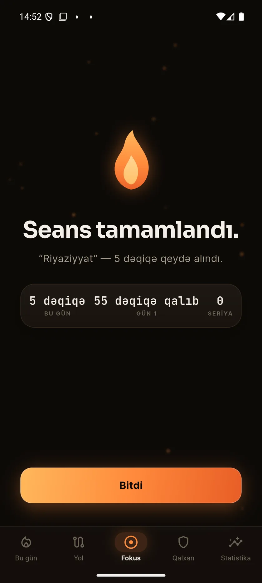 Fokus IO-nun seans tamamlandı ekranı: 5 dəqiqə qeydə alınıb, günə 55 dəqiqə qalıb.