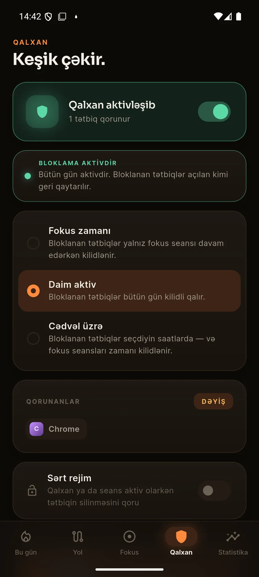 Fokus IO-nun Qalxan ekranı aktiv vəziyyətdə: “Keşik çəkir”, bloklama aktivdir.