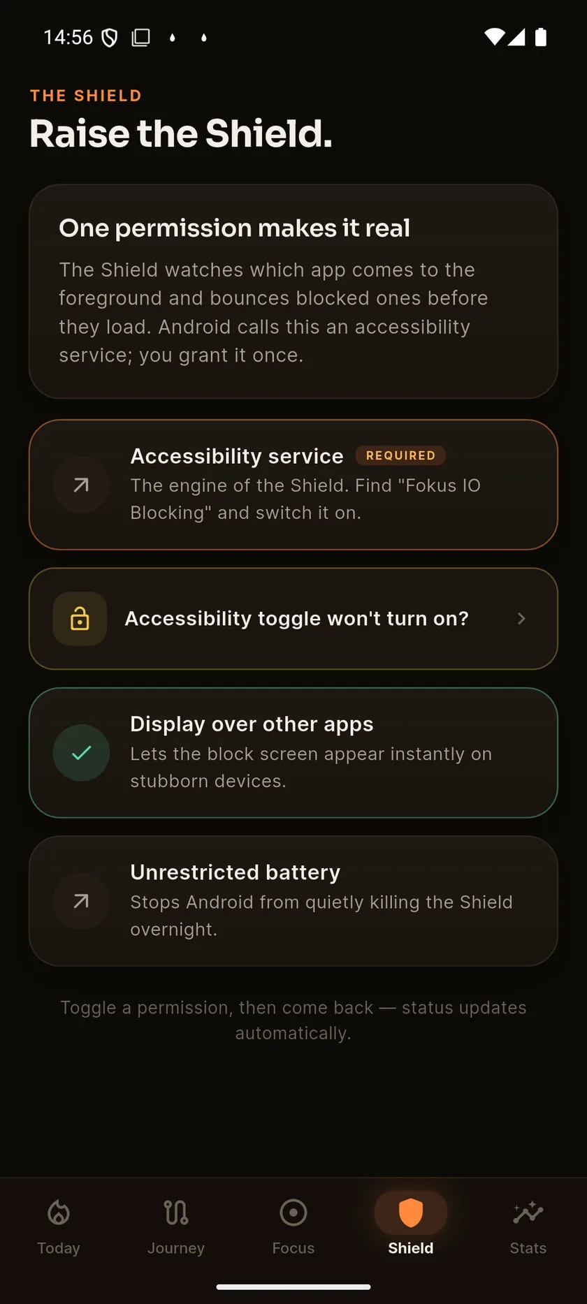 The Shield screen in Fokus IO, armed: “Standing guard”, blocking is live.