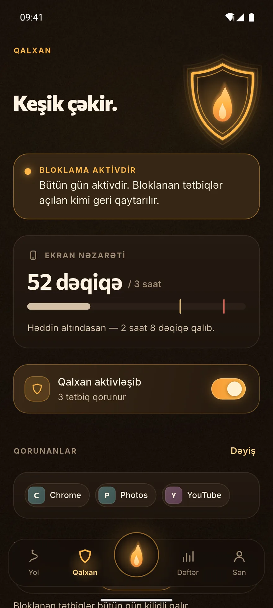 Üç tətbiqi qoruyan Qalxan və limitin altında qalan bugünkü ekran vaxtı.