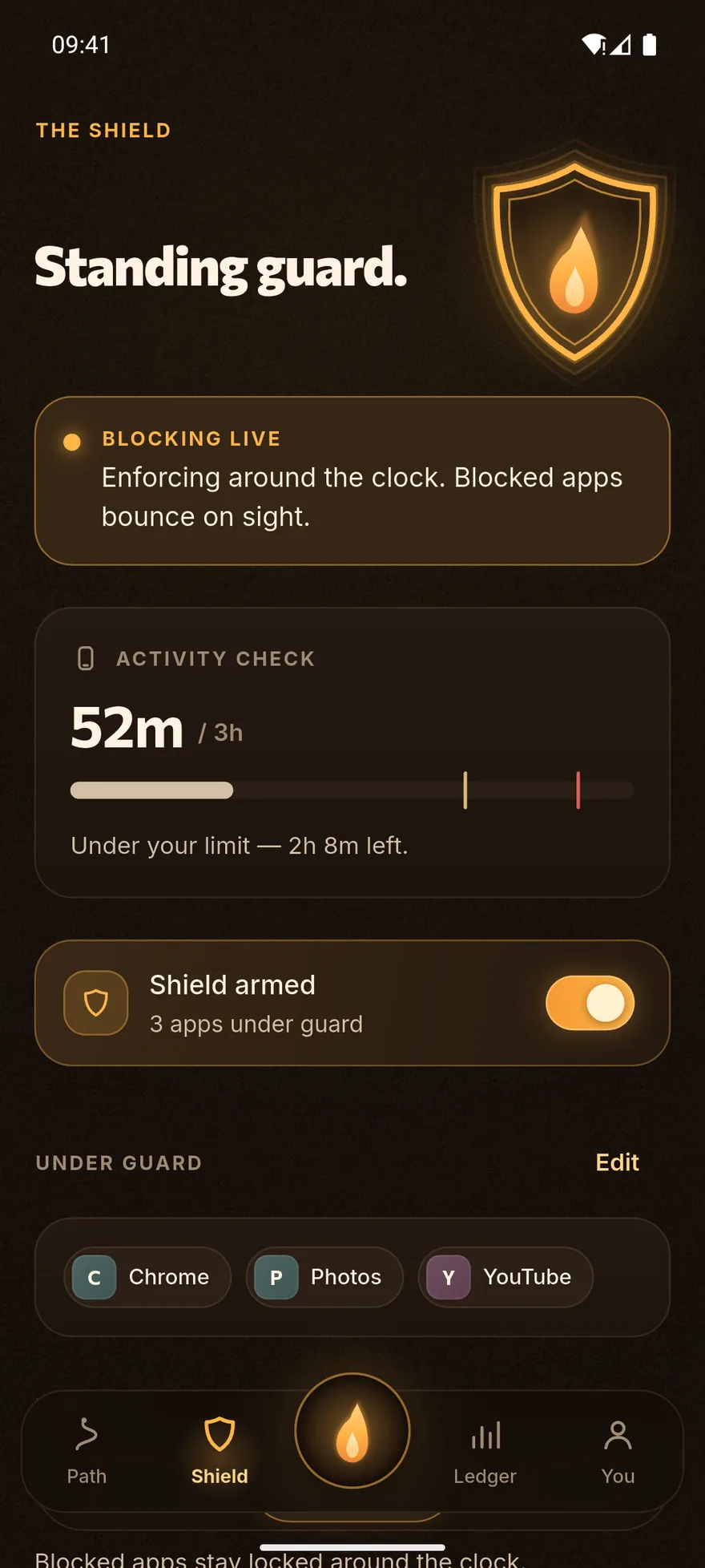 The Shield standing guard over three apps, with today’s screen time under its limit.